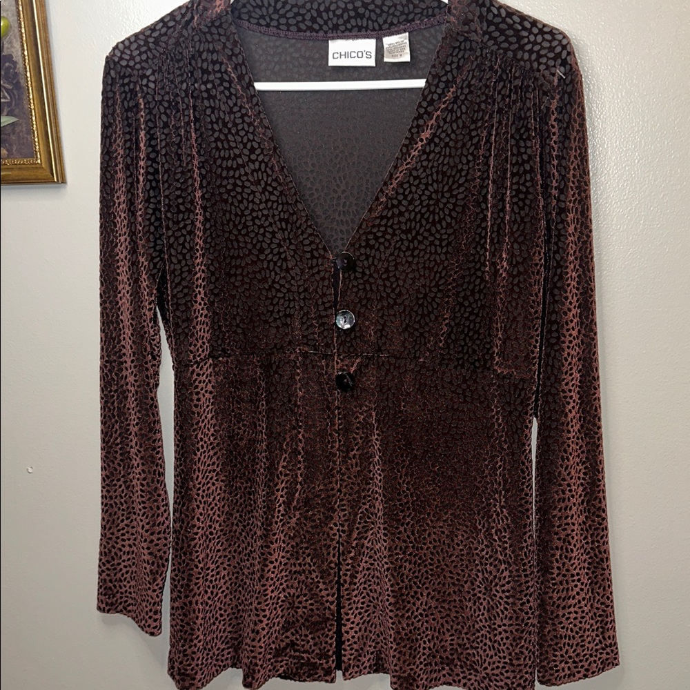 Chico’s Burnout Velvet Cardigan Brown Plum Textured Velvet Boho Peplum Top - Picture 5 of 9